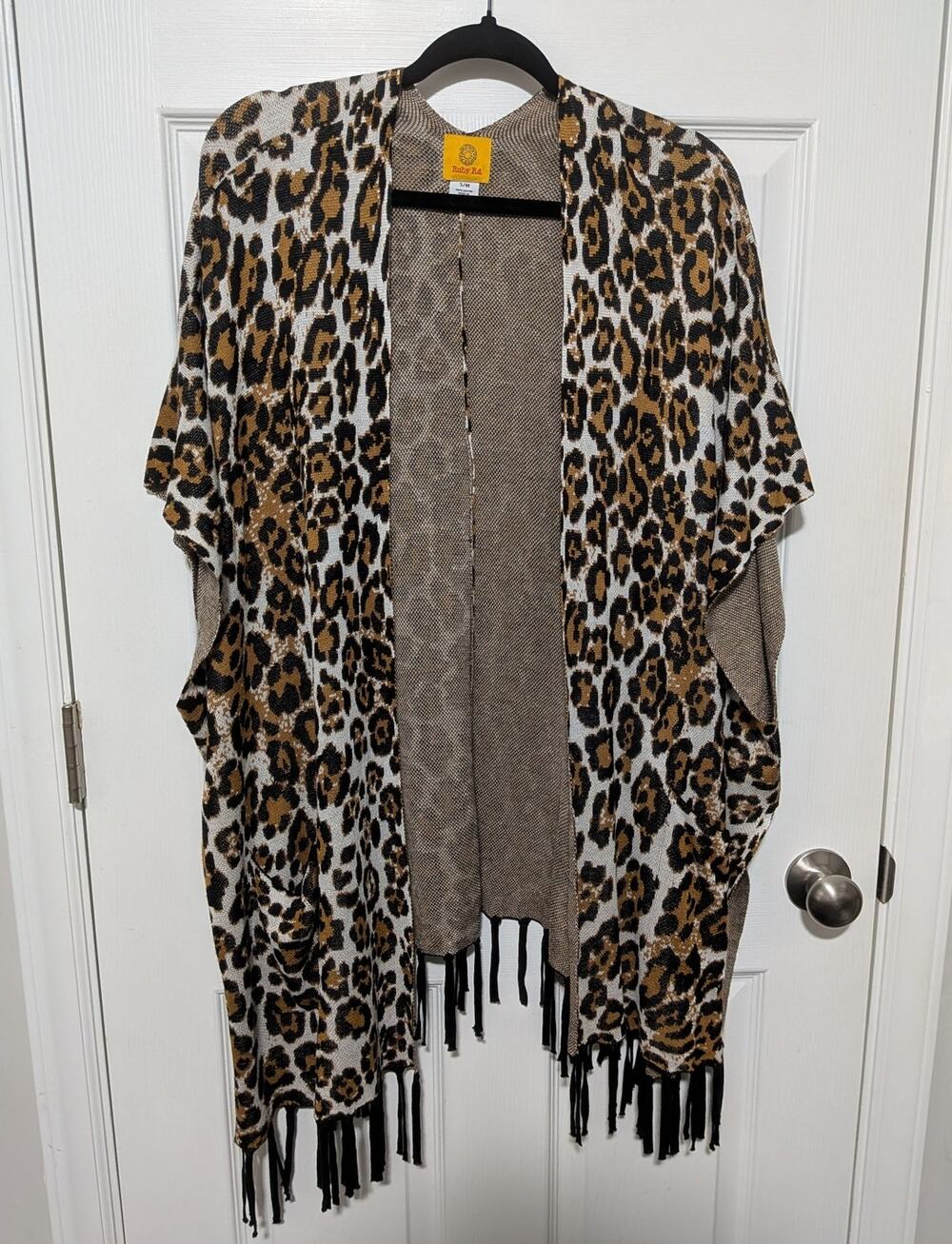 Ruby Rd Leopard Print Fringe Kimono Cardigan Poncho S/M Animal Knit w/ Pockets